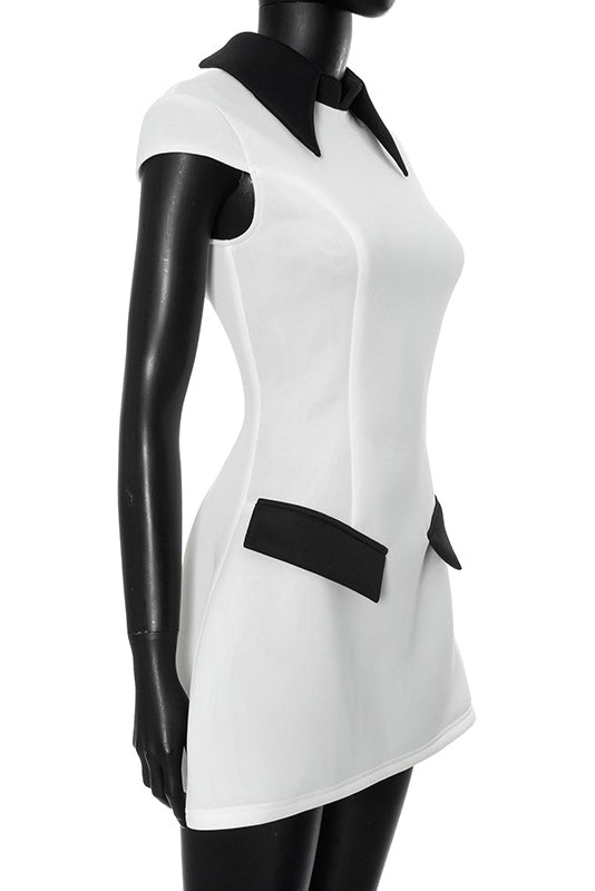 Elegant Mini Dress with Contrast Collar and Pocket Details