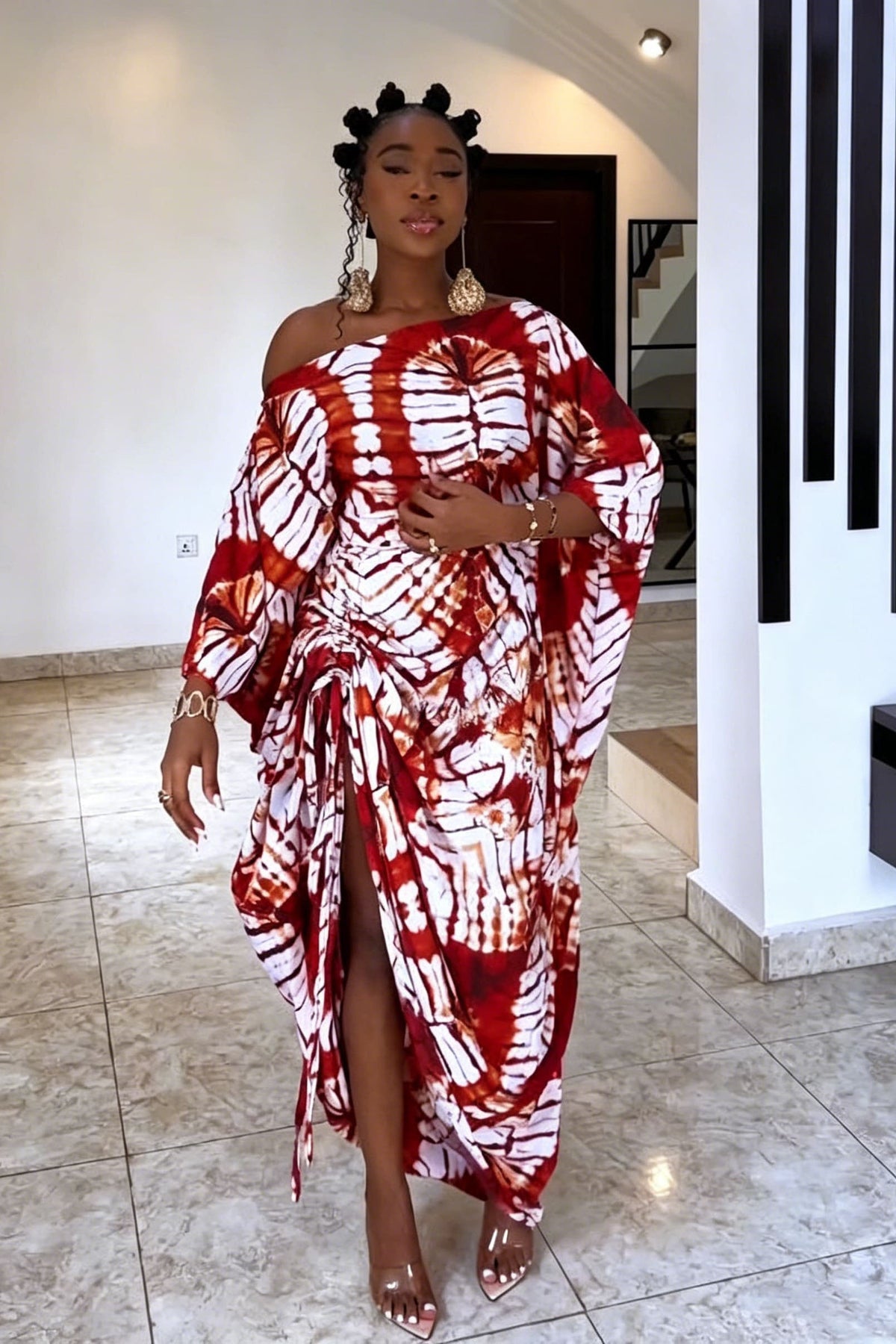 Vibrant Burnt Orange Tie-Dye Off-Shoulder Maxi-Length Dress