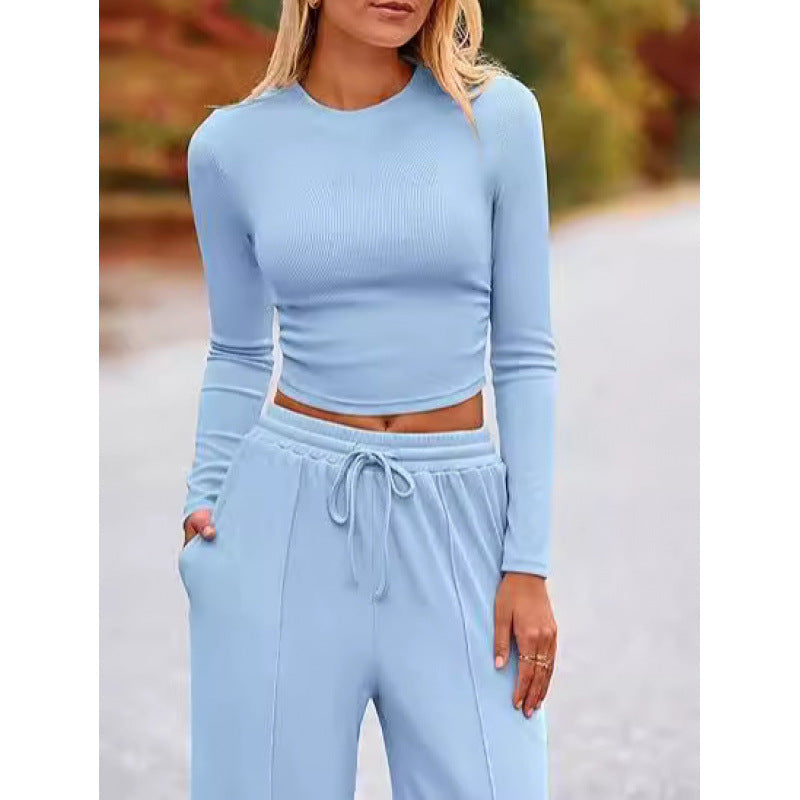 Women's Long-Sleeve Fitted Top and Wide-Leg Trousers Set – Minimalist Two-Piece Outfit for Everyday Casual Wear