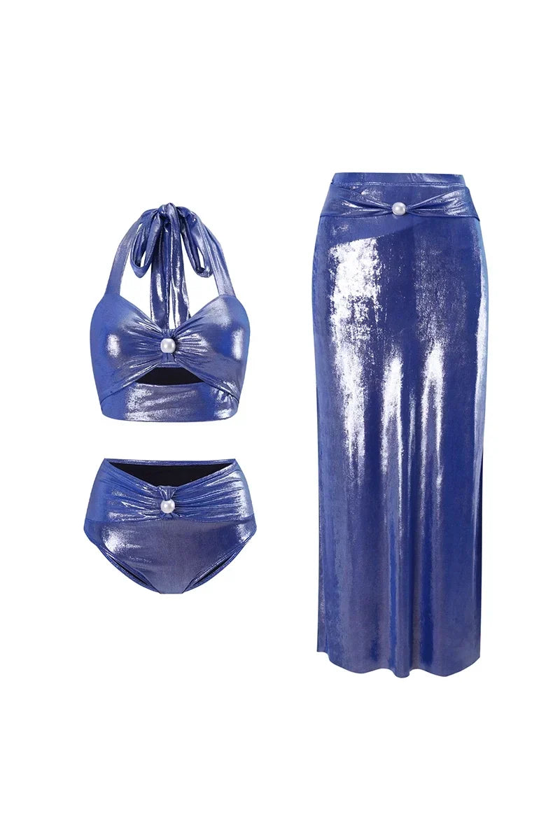 Modern Glossy Mist Deep V Halter Pearl Swimsuit