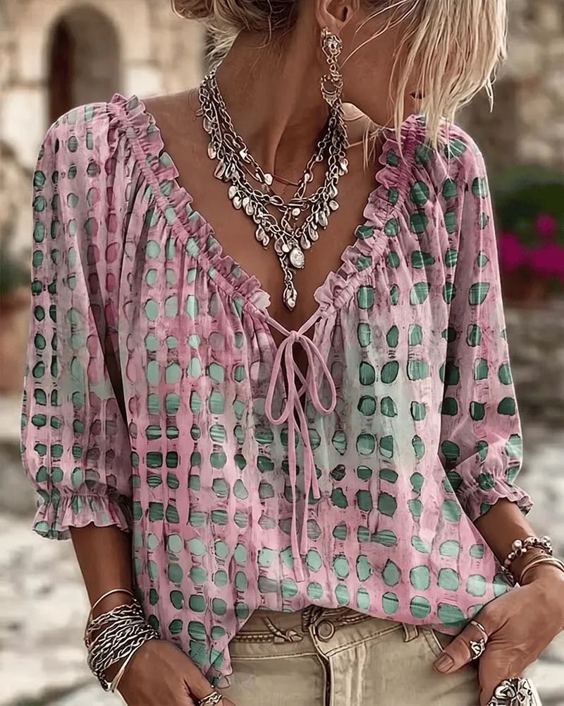 Flora - Soft-Touch Lace-Up V-Neck Blouse