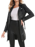 Women’s Longline Faux-Leather Biker Coat with Waist Belt – Fitted Shape and Asymmetric Zip for Everyday Styling