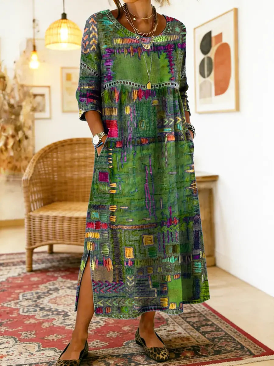 Manuela | Boho Printed Denim Dress with Ethnic Patchwork