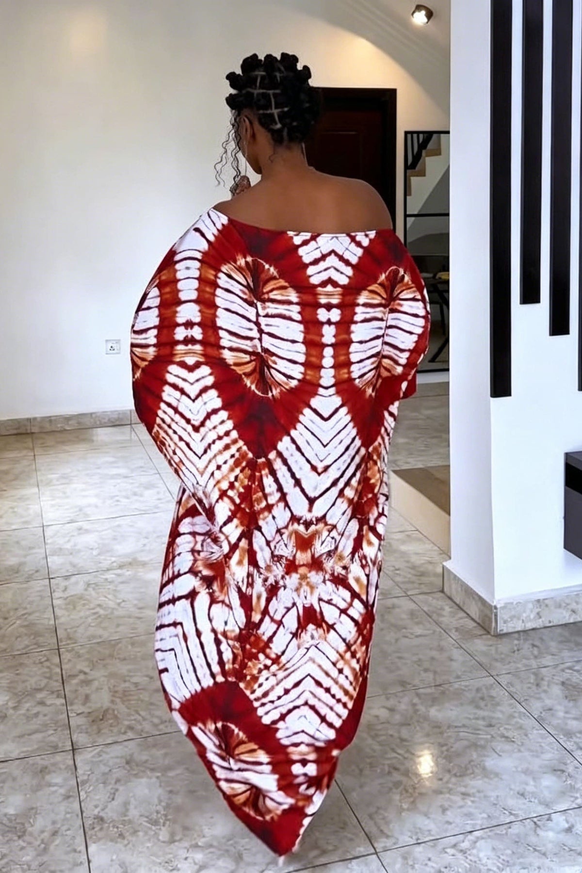 Vibrant Burnt Orange Tie-Dye Off-Shoulder Maxi-Length Dress