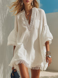 Diana - Bohemian White Cotton Linen V-neck Lace Tassel Loose Mini Dress