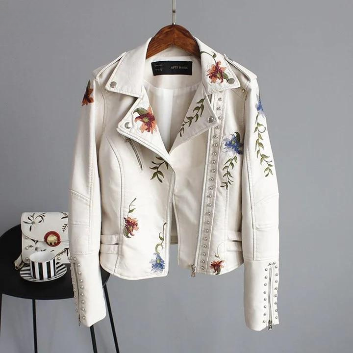 Modern Leather Jacket with Floral Embroidery