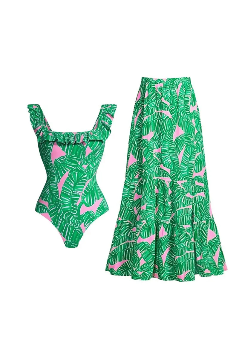 Green Ruffled Print One Piece Swimsuit