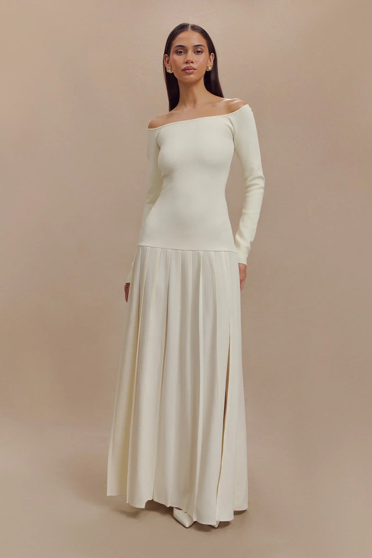Knit Off-Shoulder Maxi-Length Dress Ivory