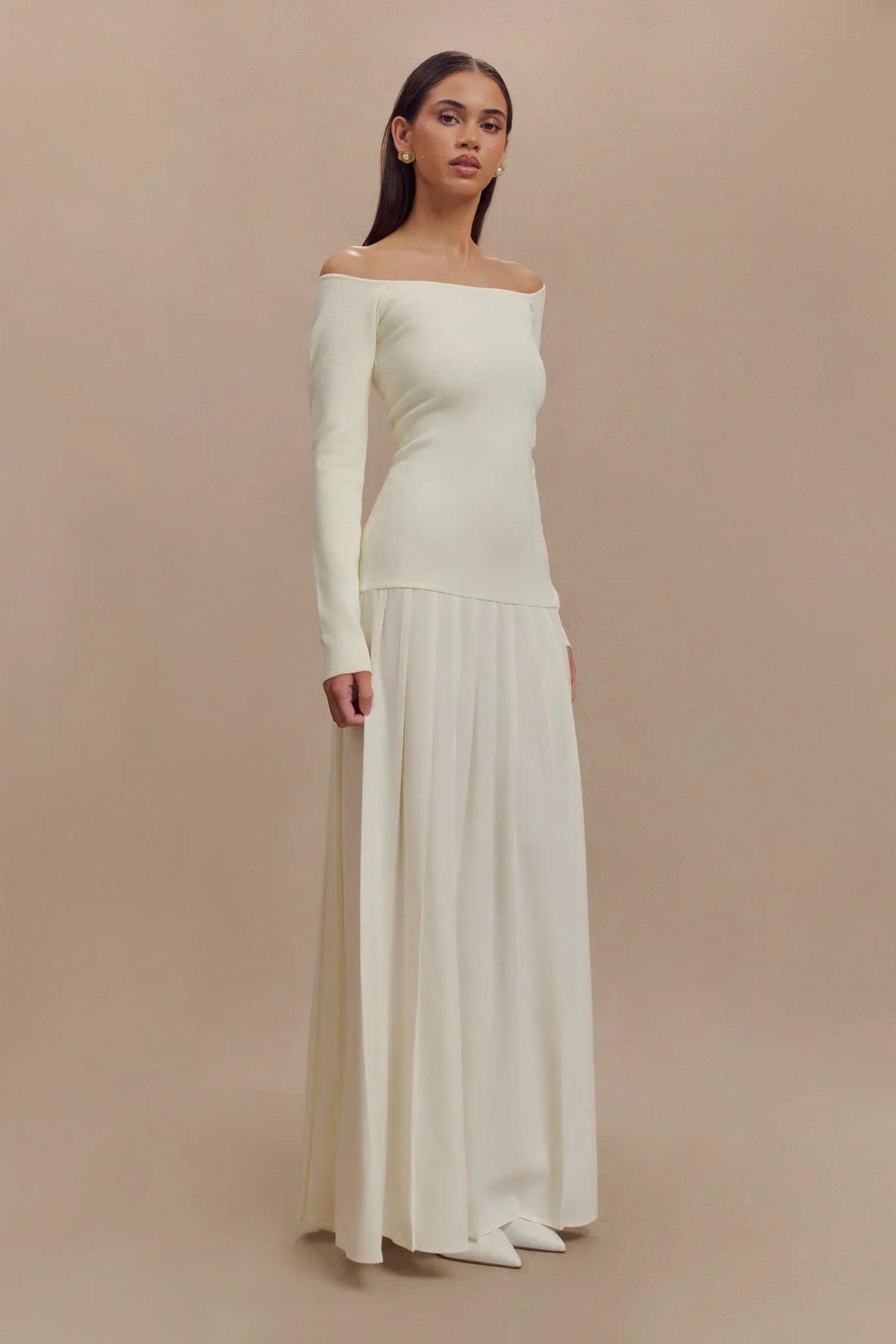 Knit Off-Shoulder Maxi-Length Dress Ivory