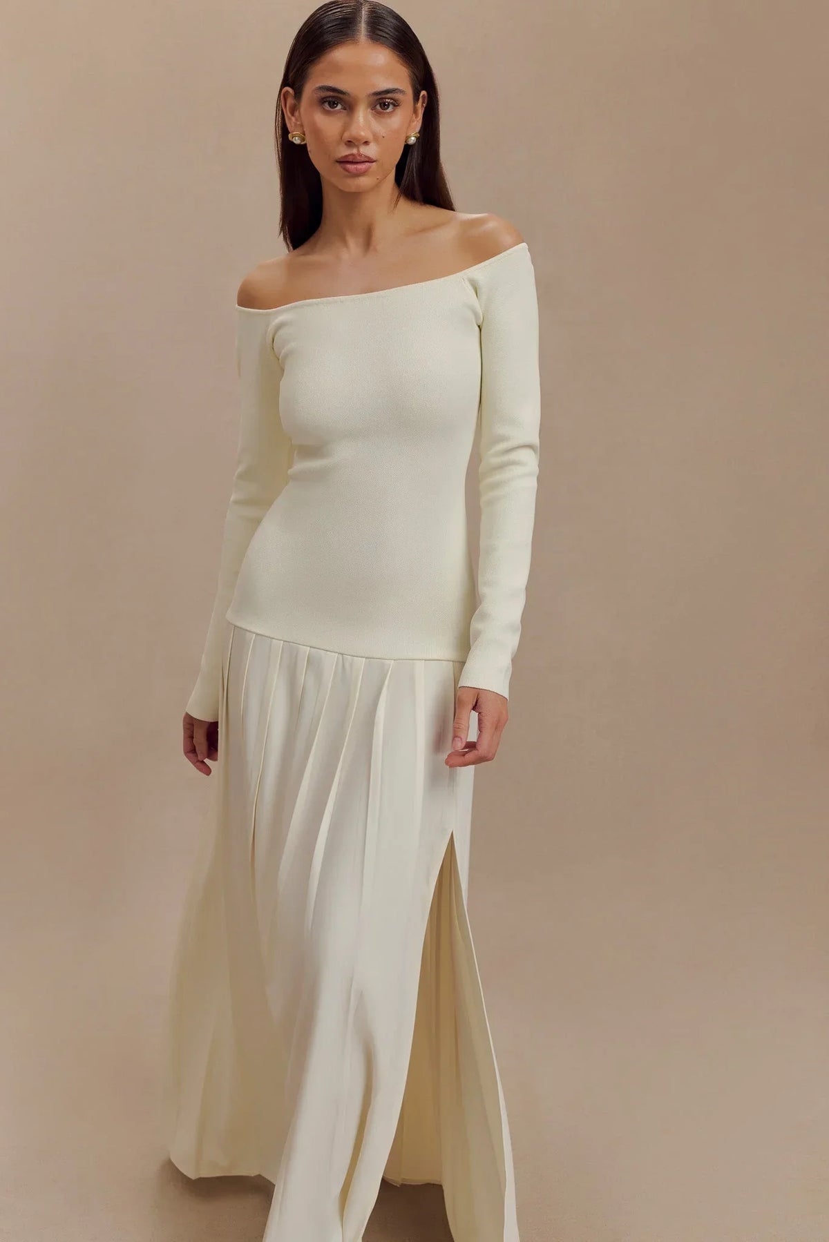 Knit Off-Shoulder Maxi-Length Dress Ivory