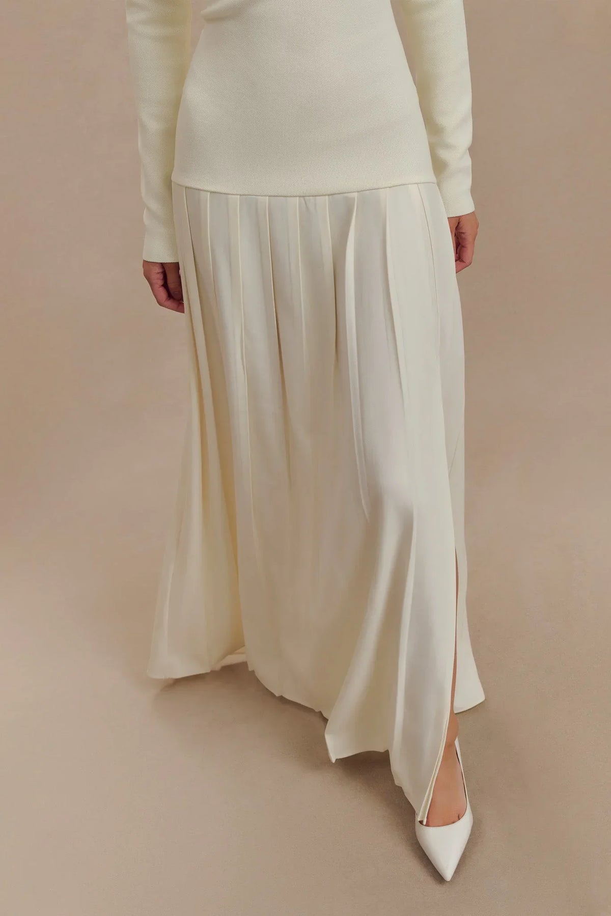 Knit Off-Shoulder Maxi-Length Dress Ivory