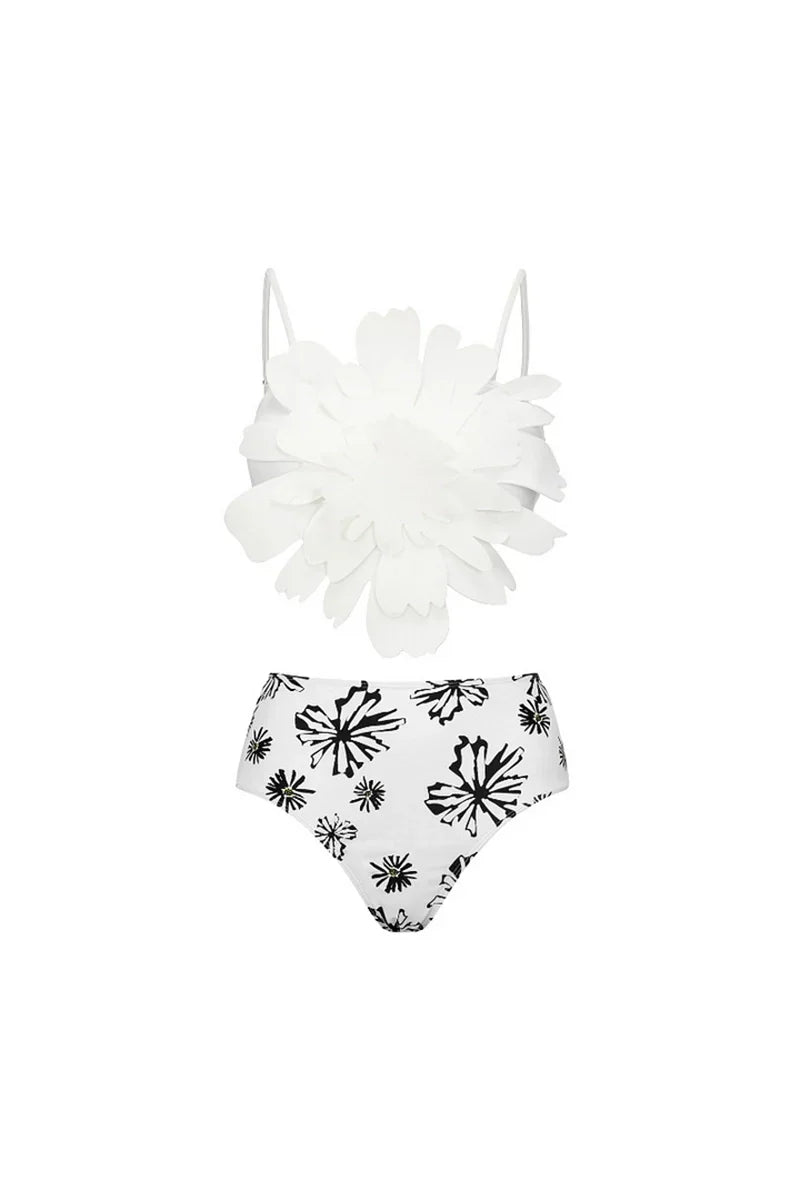 Flower Trim White Patterned Two-Piece Bikini