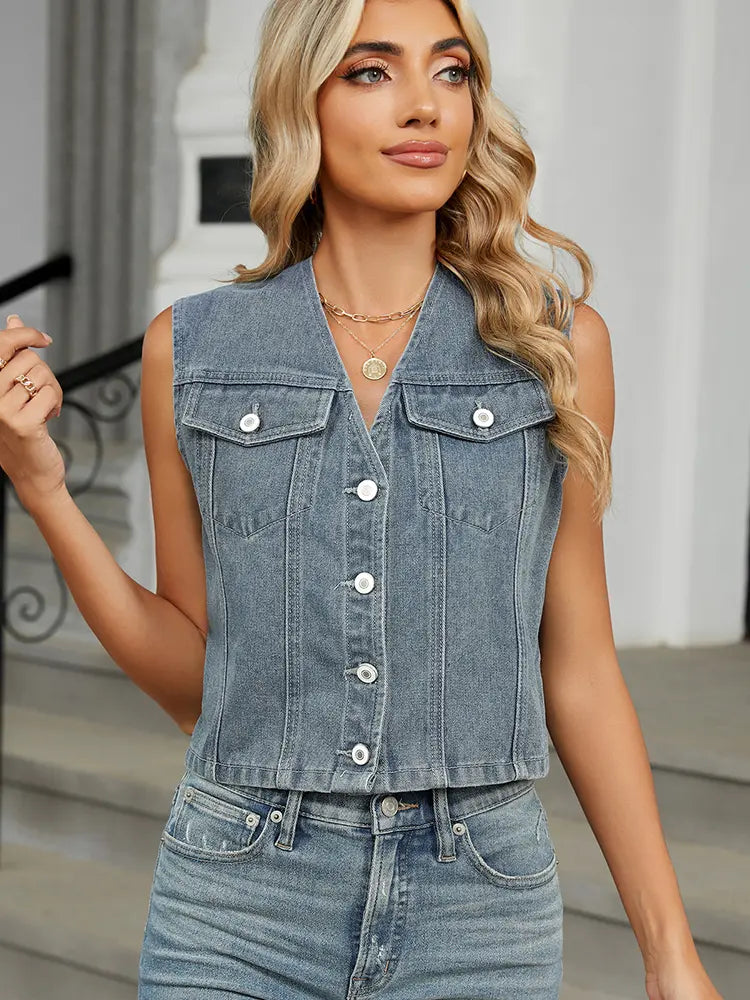 Denim Vest with a Fitted Cut and Button Closure