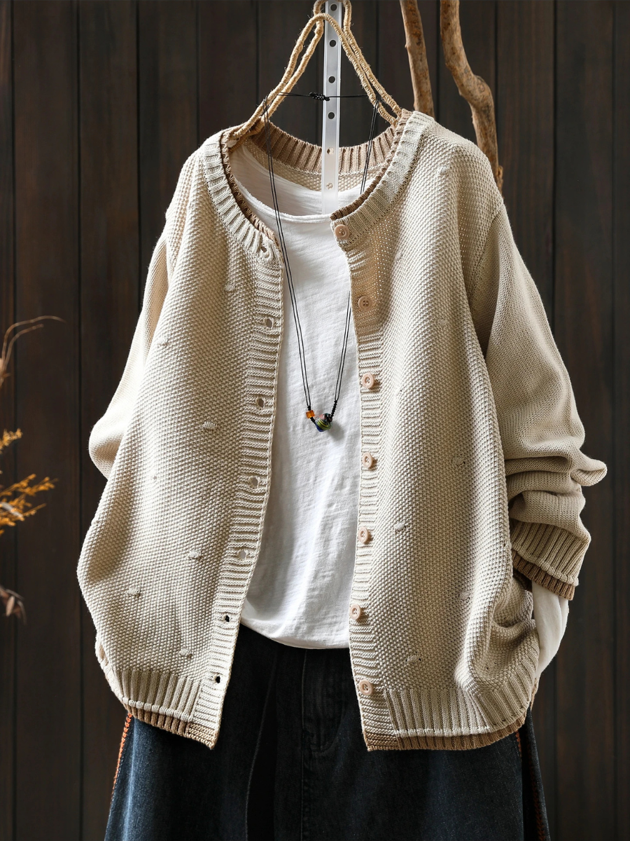 Women’s Relaxed Textured Knit Cardigan with Round Neck and Button Front – Casual Layer for Spring and Autumn