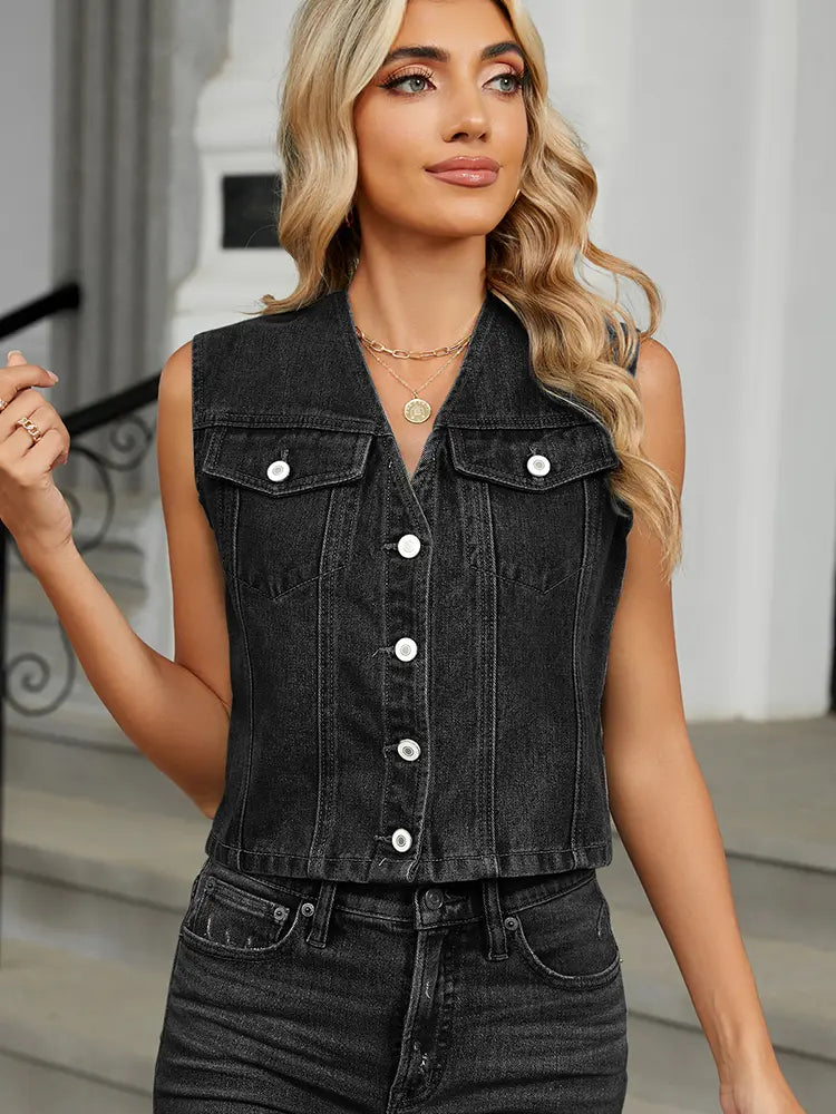 Denim Vest with a Fitted Cut and Button Closure