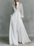 Women's Minimalist Cotton And Linen Patchwork Single-breasted Stand-up Collar Long-sleeved Maxi Dress