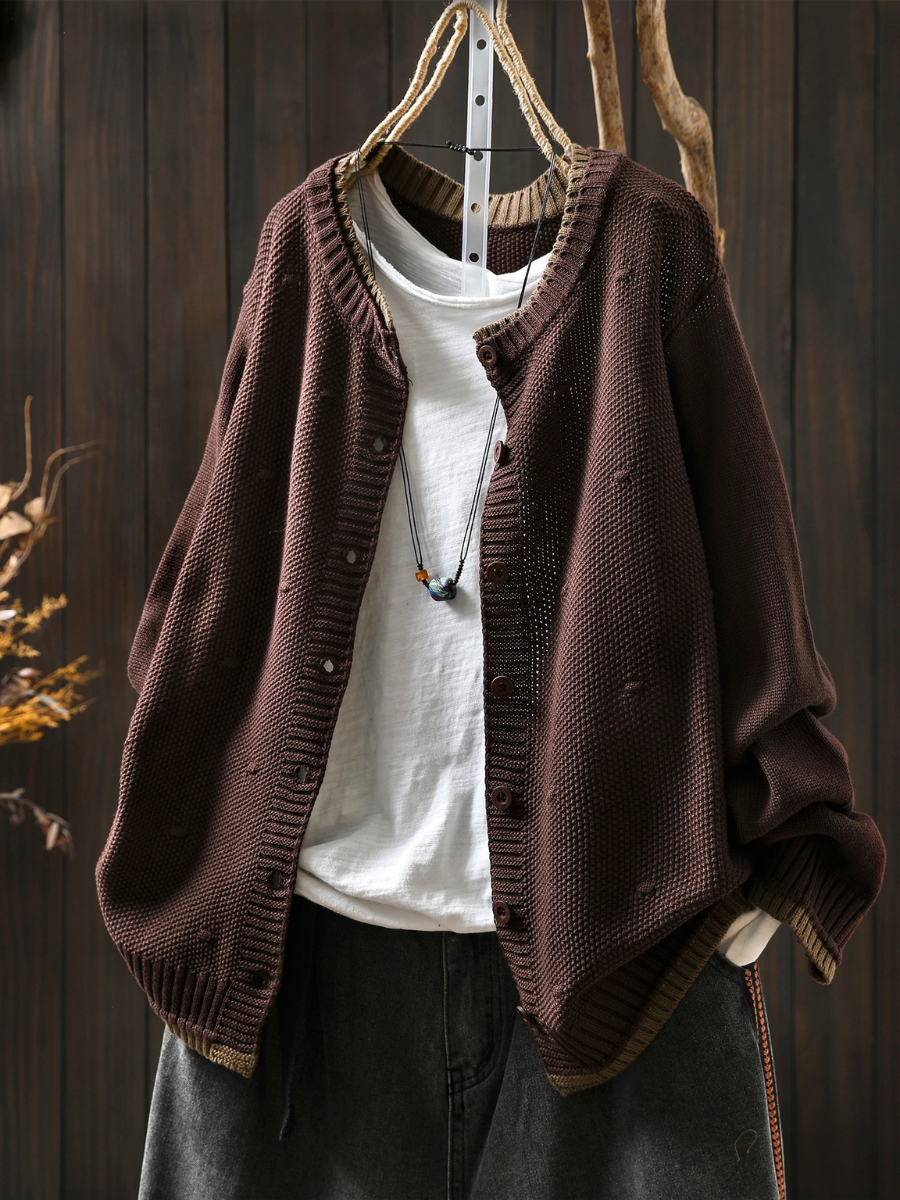 Women’s Relaxed Textured Knit Cardigan with Round Neck and Button Front – Casual Layer for Spring and Autumn