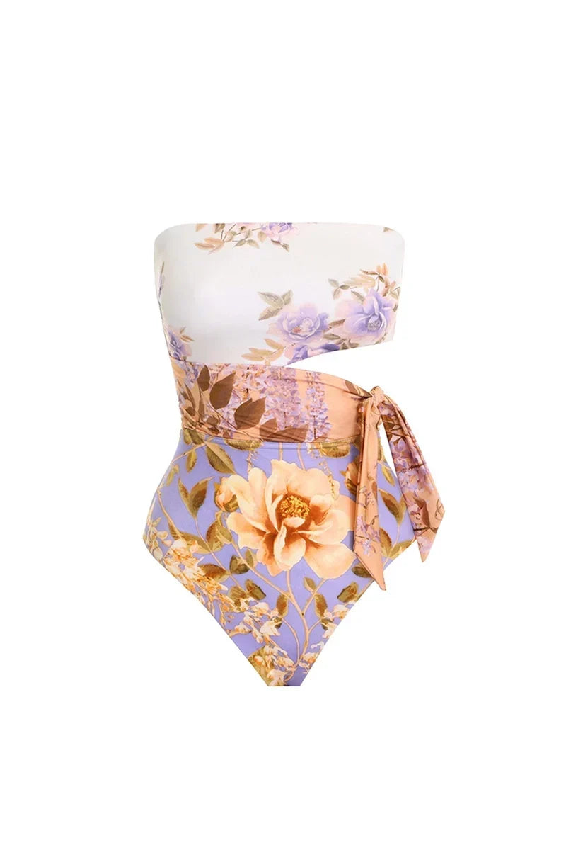 Cut-Out Flower Tie-Waist One-Piece Swimwear
