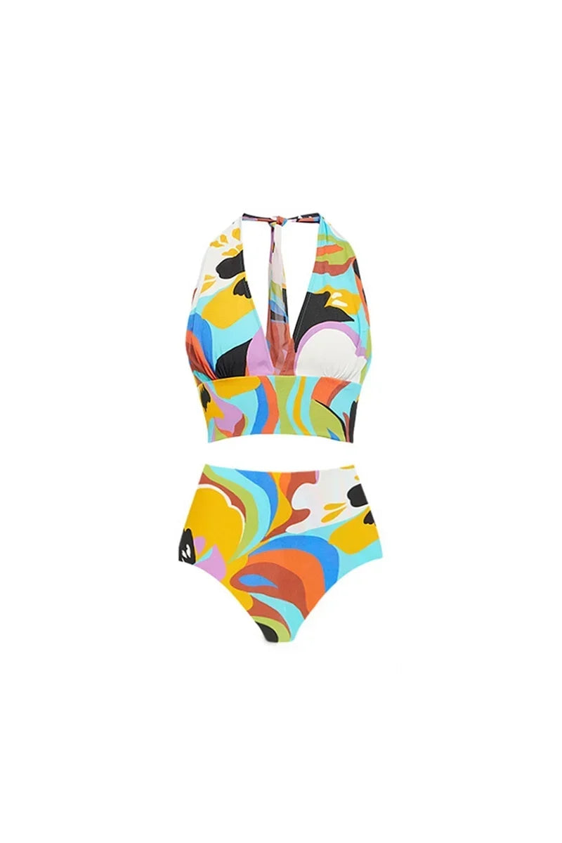 Deep V Halter Neck Print Sexy Swimwear Set