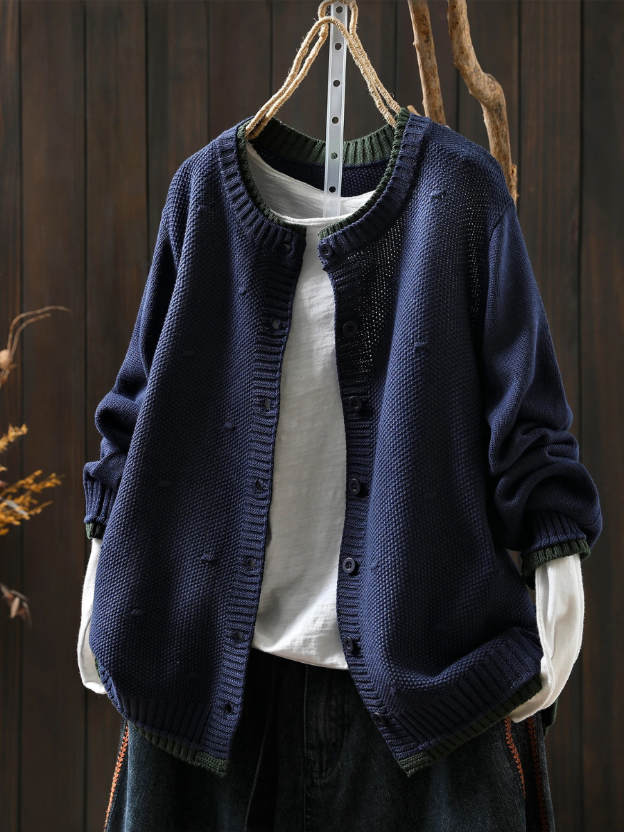 Women’s Relaxed Textured Knit Cardigan with Round Neck and Button Front – Casual Layer for Spring and Autumn