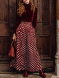 Retro Burgundy Velvet Turtleneck Long-Sleeved T-Shirt Polka Dot Pocket Skirt Set