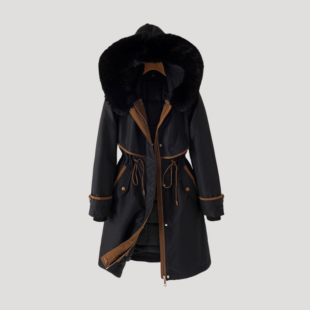 Women’s Longline Hooded Winter Parka with Detachable Faux Fur Trim – Warm Zip-Up Coat with Adjustable Waist for Cold Weather