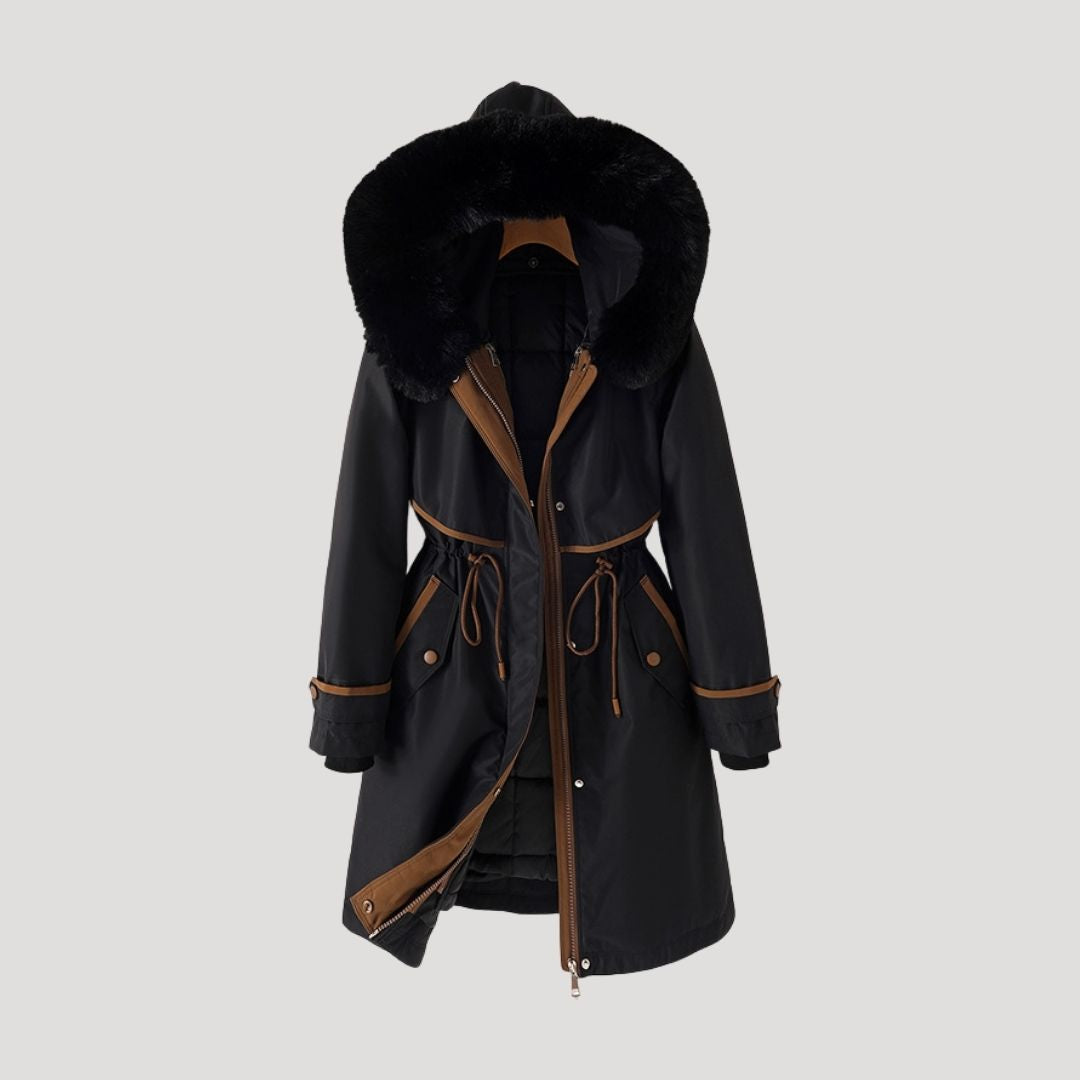 Women’s Longline Hooded Winter Parka with Detachable Faux Fur Trim – Warm Zip-Up Coat with Adjustable Waist for Cold Weather