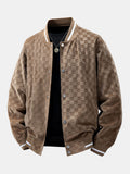 Men's Checkerboard Faux Suede Varsity Bomber Jacket – Relaxed Snap-Button Baseball Style Outerwear for Casual Streetwear