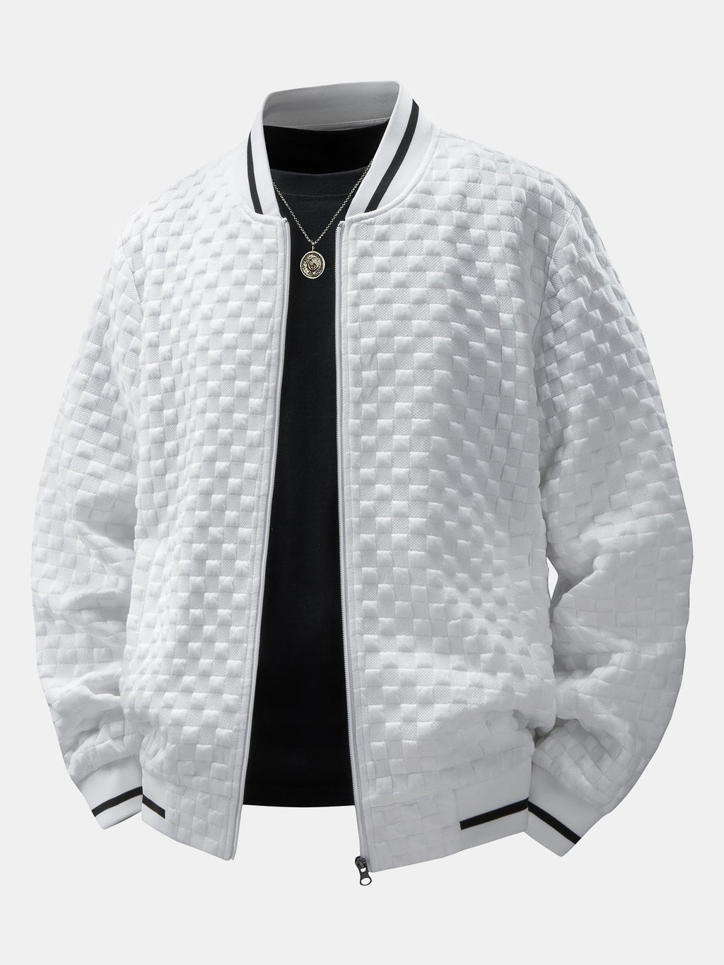 Men's Textured Checkerboard Jacquard Bomber Jacket – Classic Zip-Up Baseball Style Outerwear with Striped Ribbed Trims for Casual Streetwear
