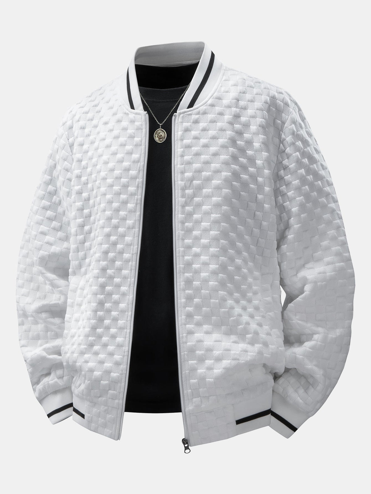 Men's Textured Checkerboard Jacquard Bomber Jacket – Classic Zip-Up Baseball Style Outerwear with Striped Ribbed Trims for Casual Streetwear