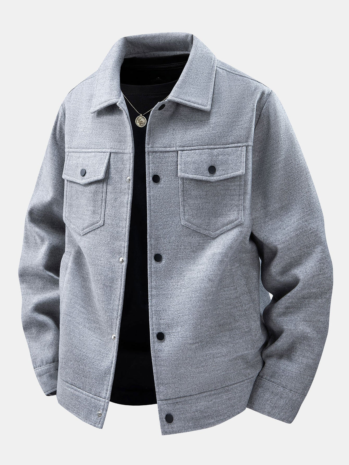 Men's Wool-Look Utility Jacket – Relaxed Snap-Button Overshirt with Chest Pockets for Autumn and Smart Casual Wear