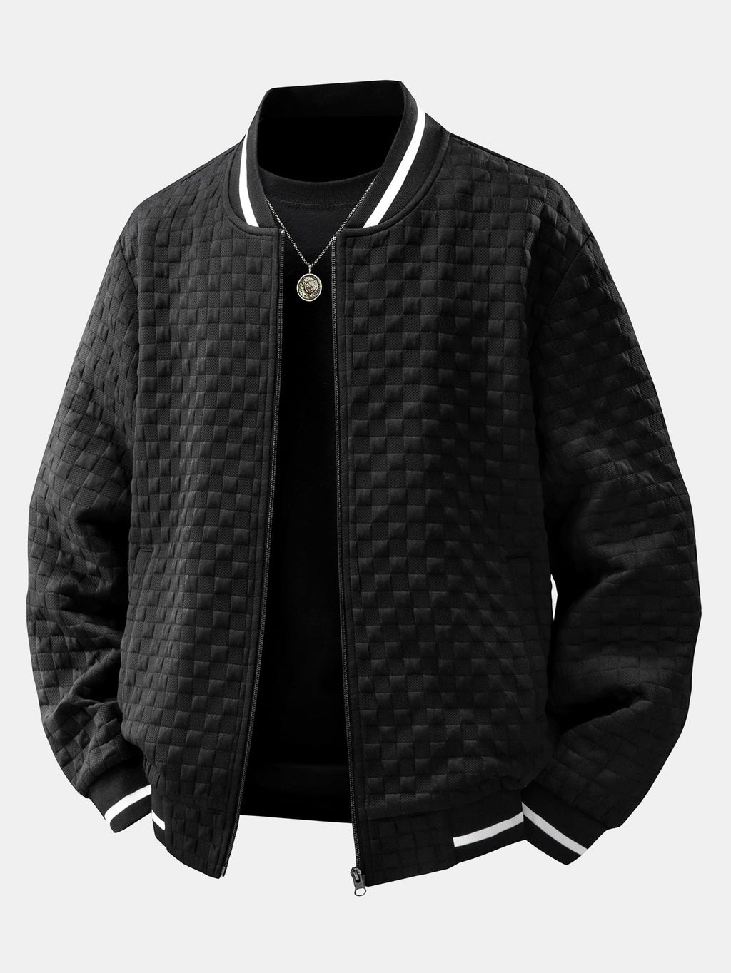 Men's Textured Checkerboard Jacquard Bomber Jacket – Classic Zip-Up Baseball Style Outerwear with Striped Ribbed Trims for Casual Streetwear