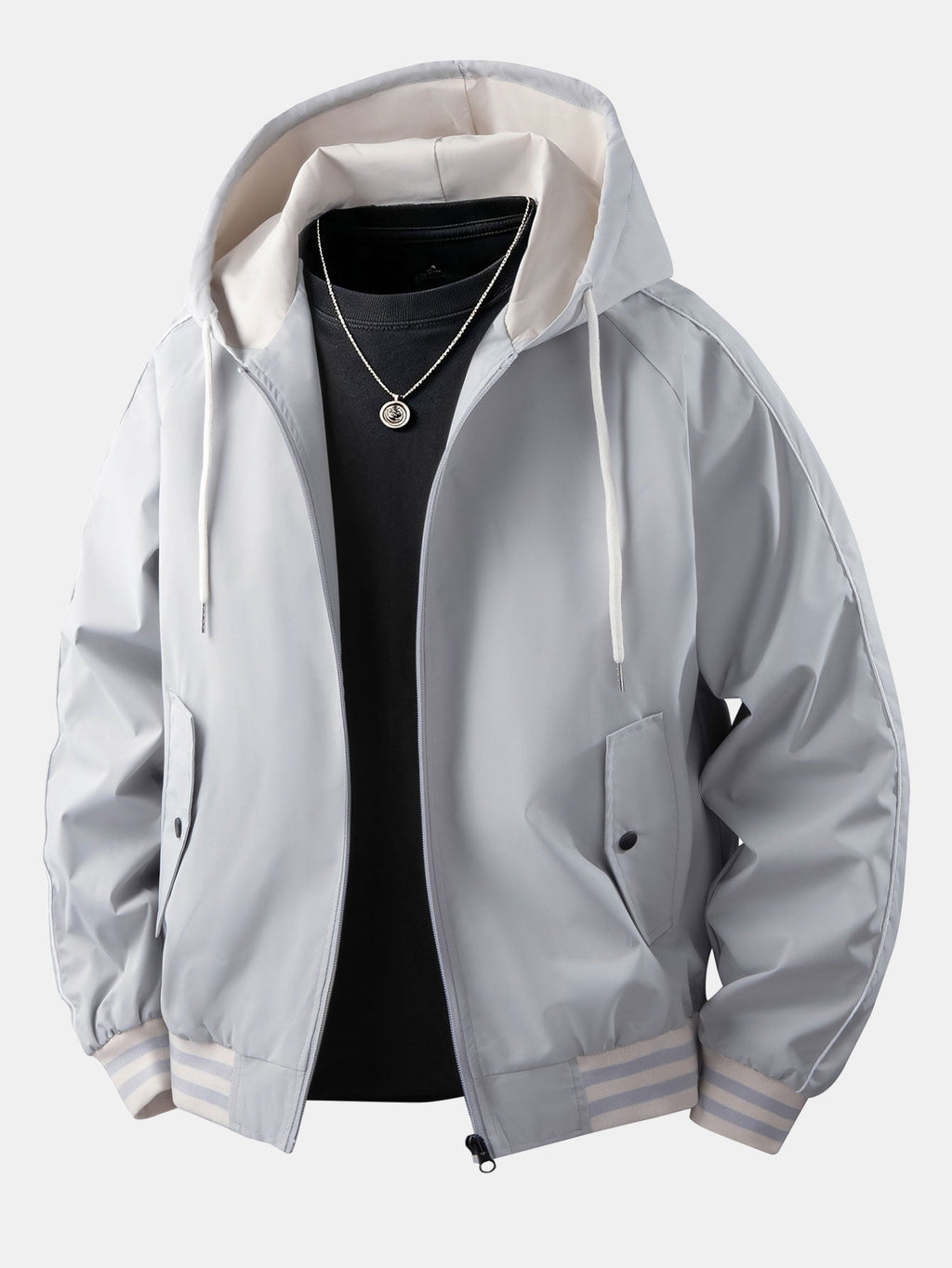Men's Relaxed Hooded Bomber Jacket – Contrast Lined Zip-Up Outerwear with Striped Ribbed Trims for Casual Streetwear