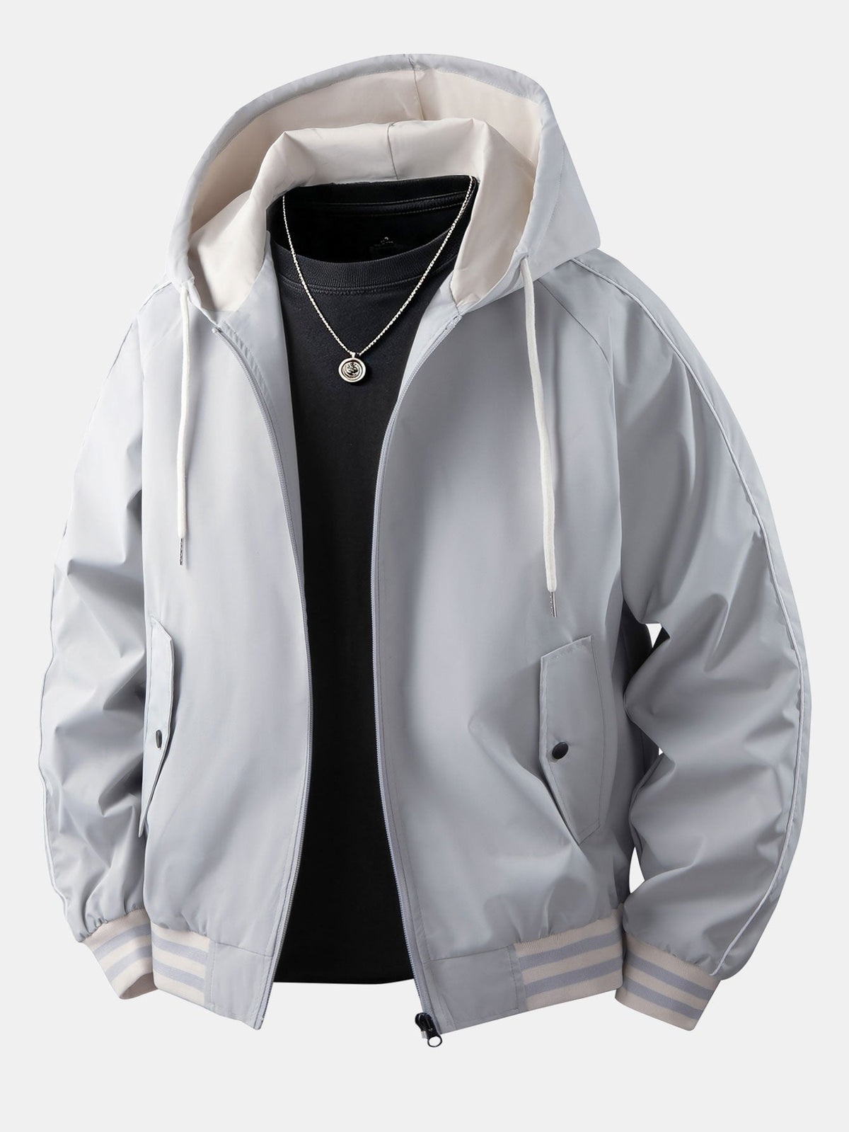 Men's Relaxed Hooded Bomber Jacket – Contrast Lined Zip-Up Outerwear with Striped Ribbed Trims for Casual Streetwear