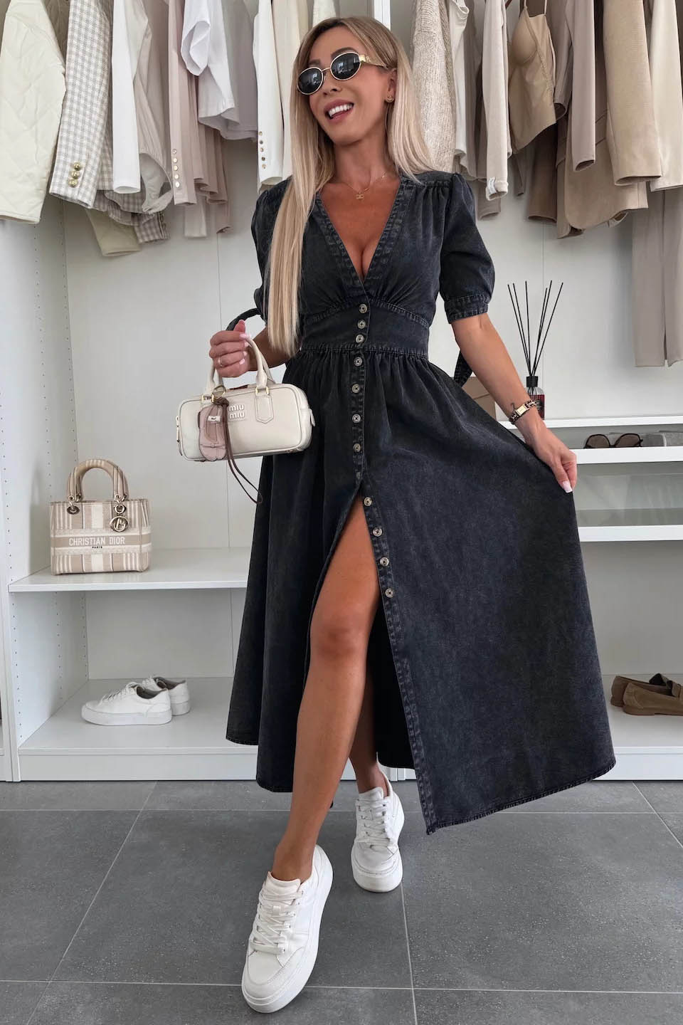 Clean-Lined V-Neck Buttoned Denim Gown