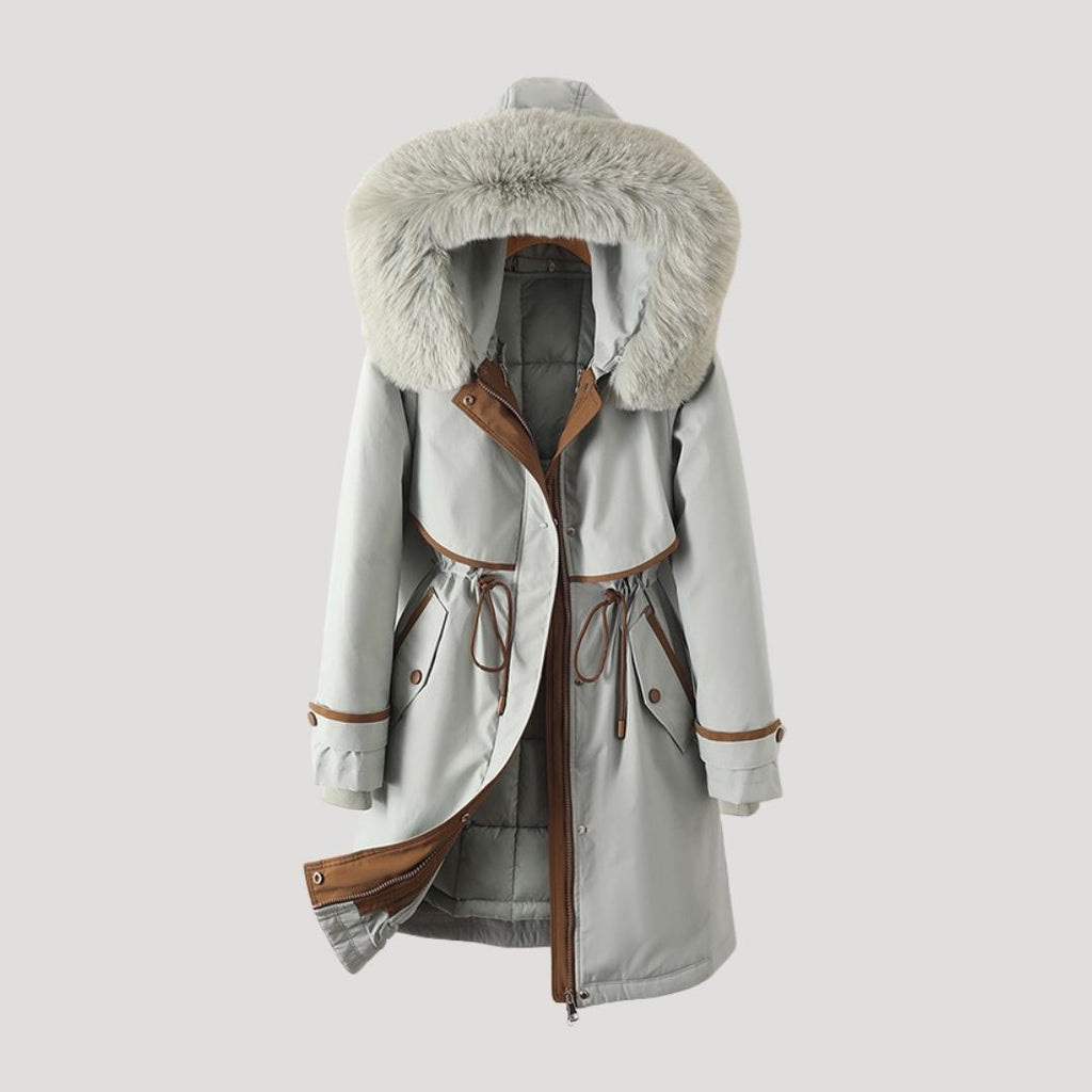 Women’s Longline Hooded Winter Parka with Detachable Faux Fur Trim – Warm Zip-Up Coat with Adjustable Waist for Cold Weather