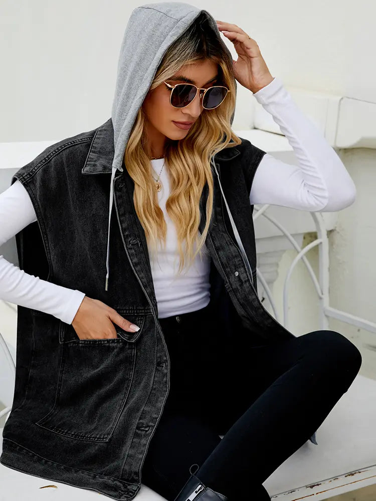 Denim Vest with Hood and Button Closure
