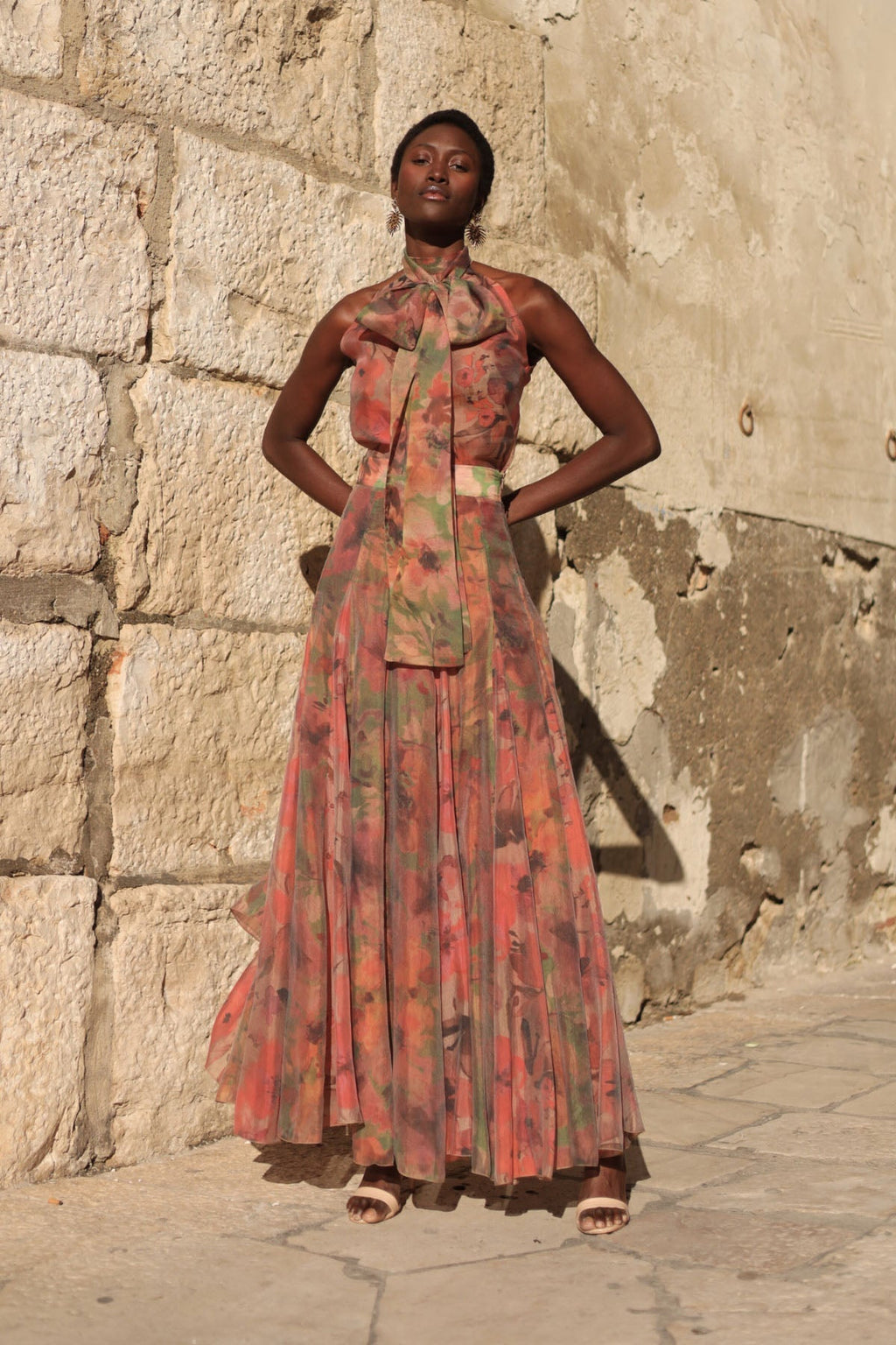 Halterneck Flower Maxi Skirt Set