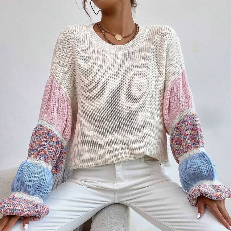 Women's Relaxed Colourblock Knit Sweater – Textured Crew Neck with Statement Balloon Sleeves for Autumn and Winter