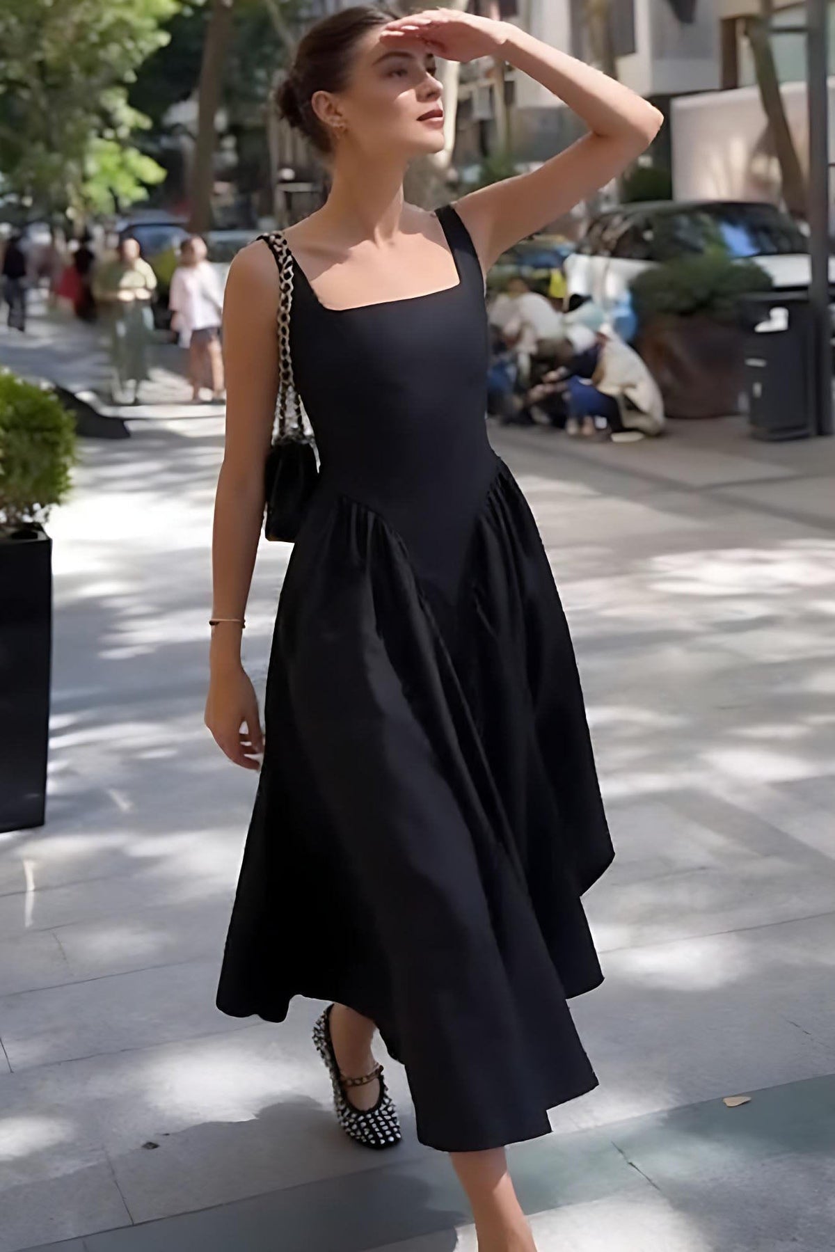 Black Square Neck Back Bow Midi-Length Dress