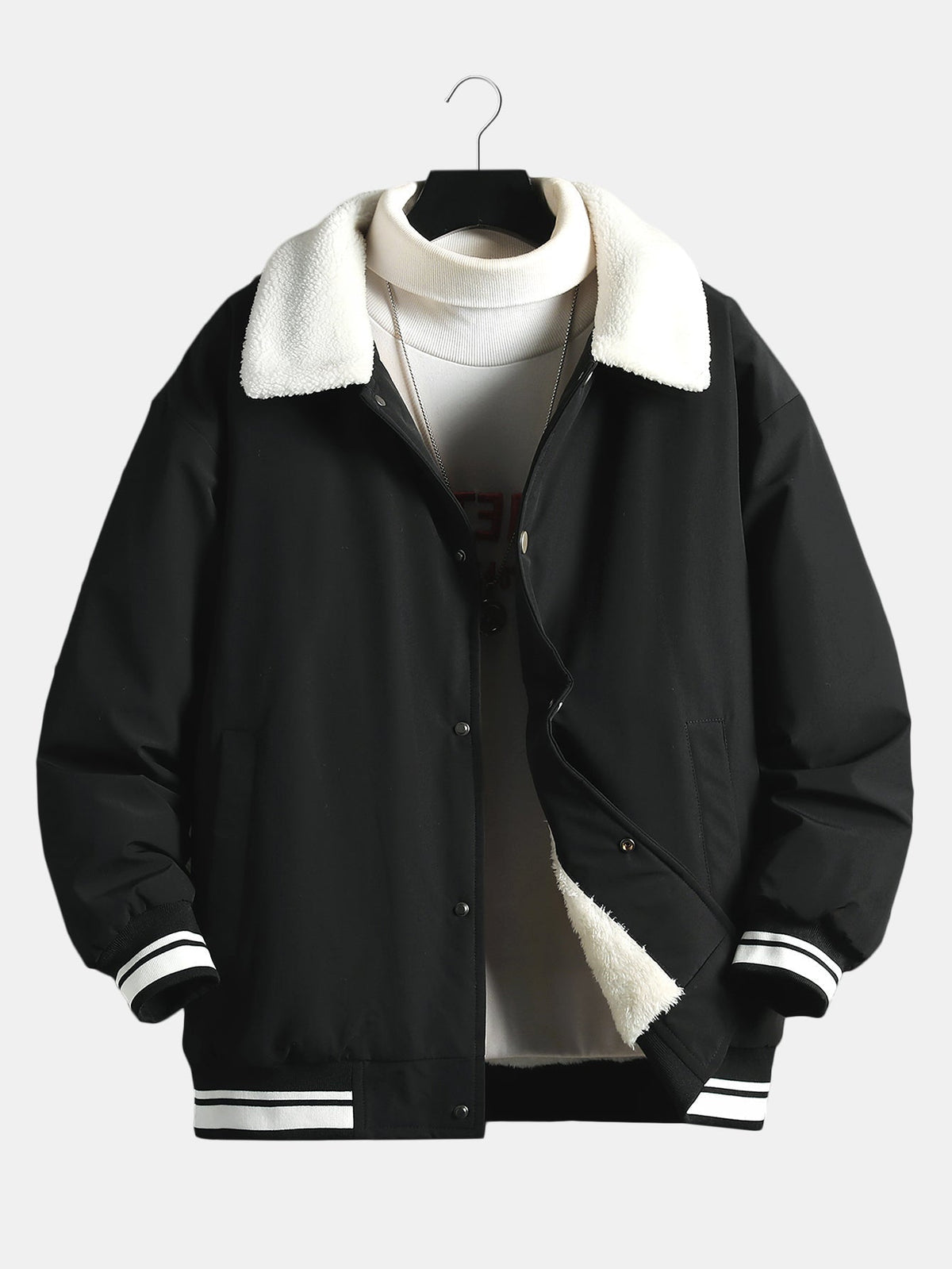 Men's Teddy-Lined Baseball Bomber Jacket – Warm Sherpa Collar Outerwear with Snap-Button Fastening and Striped Ribbed Trims for Autumn and Winter