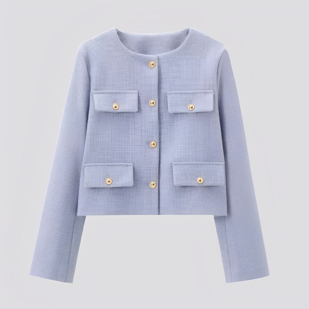 Women’s Cropped Collarless Jacket with Decorative Buttons and Flap Pockets – Elegant Tailored Layer for Smart Casual Wear