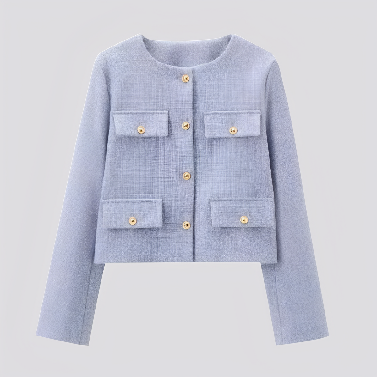 Women’s Cropped Collarless Jacket with Decorative Buttons and Flap Pockets – Elegant Tailored Layer for Smart Casual Wear