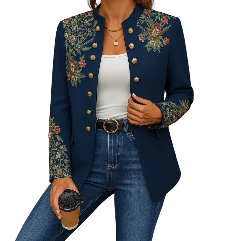 Women's Floral Print Longline Jacket with Decorative Buttons – Relaxed Mandarin Collar Lightweight Jacket with Flap Pocket Details for Spring and Autumn