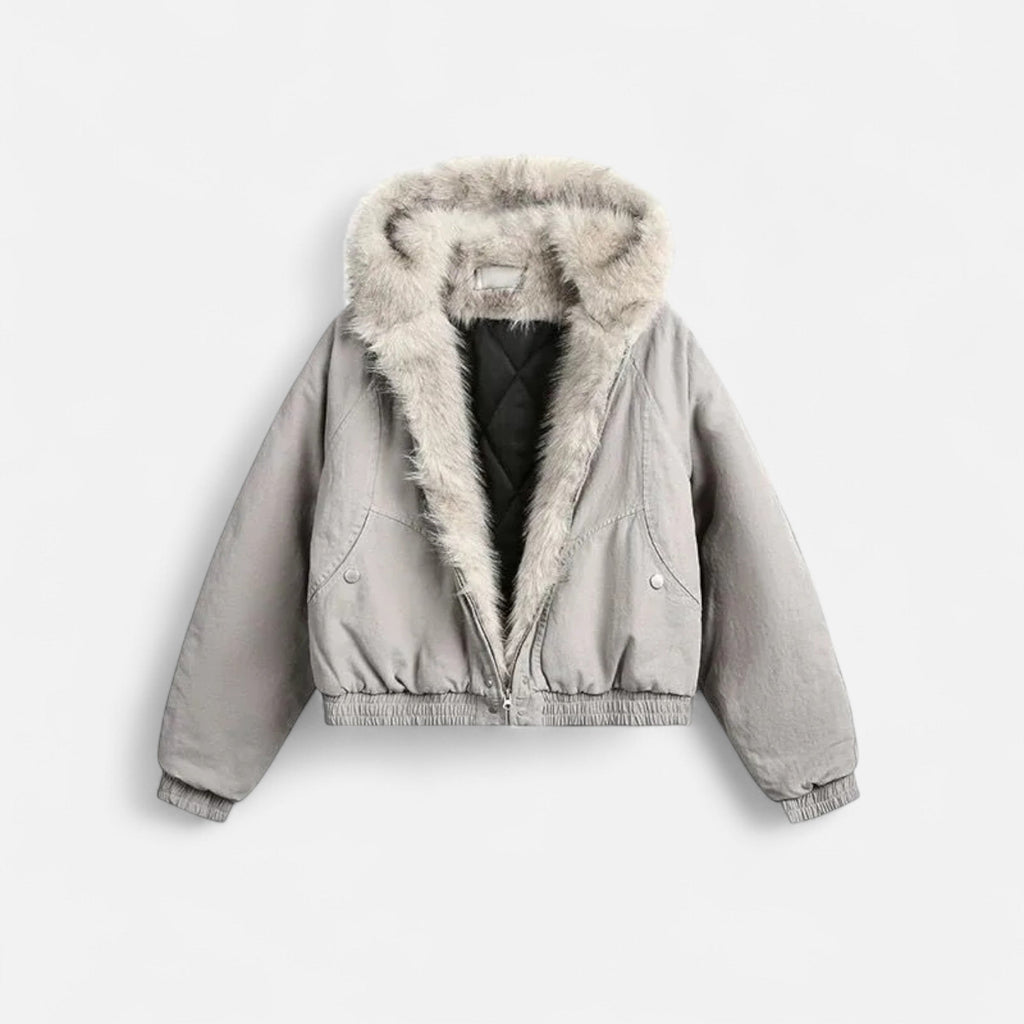 Women's Cropped Hooded Winter Bomber Jacket with Plush Fur Trim – Oversized Relaxed Fit Warm Casual Outerwear for Autumn and Winter