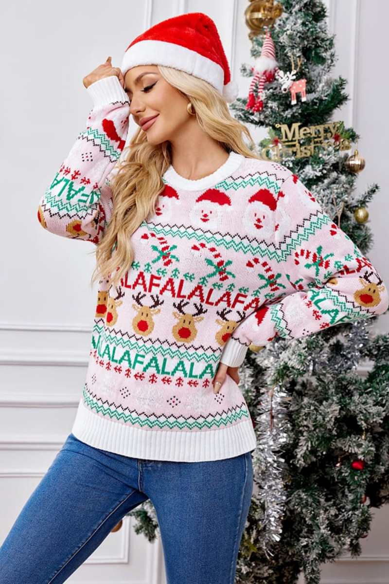 Loose-Fit Crew Neck Christmas Cartoon Knit Sweater Pink