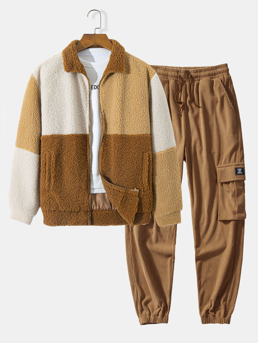 Men's Teddy Fleece Jacket and Corduroy Cargo Jogger Set – Relaxed Zip-Up Winter Outfit for Casual Streetwear