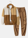 Men's Teddy Fleece Jacket and Corduroy Cargo Jogger Set – Relaxed Zip-Up Winter Outfit for Casual Streetwear