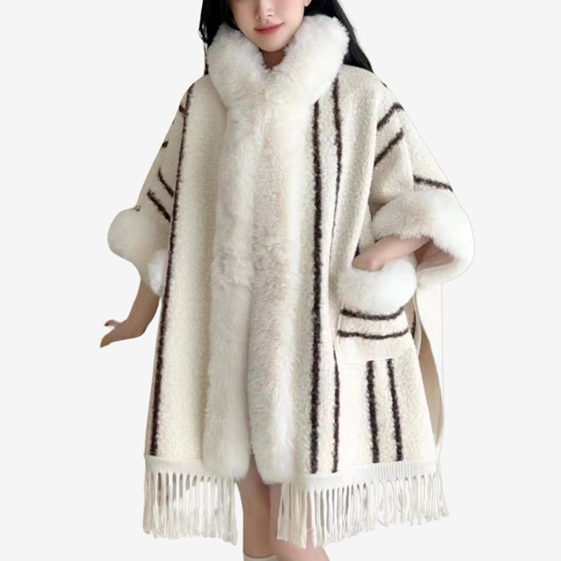 Women’s Open Front Cape Coat with Plush Faux Fur Trim and Fringed Hem – Elegant Relaxed Winter Outerwear