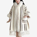 Women’s Open Front Cape Coat with Plush Faux Fur Trim and Fringed Hem – Elegant Relaxed Winter Outerwear